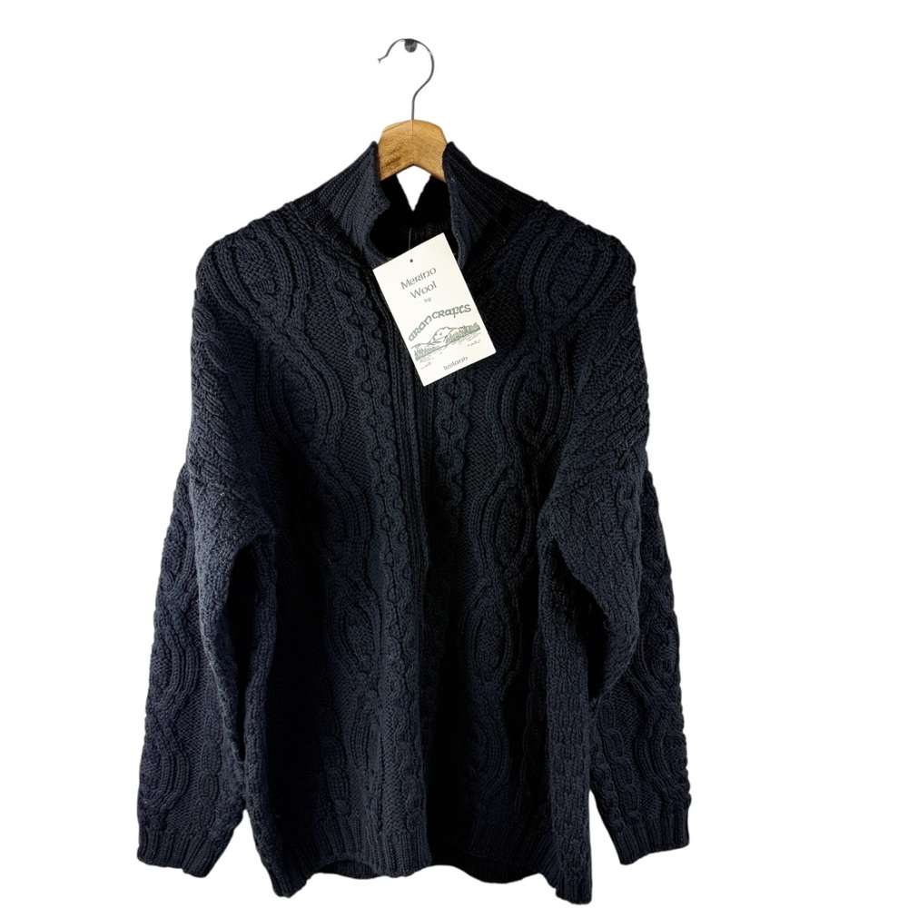 Aran Crafts Ireland 100% Merino Wool Cable Knit Mock Neck Sweater Black New